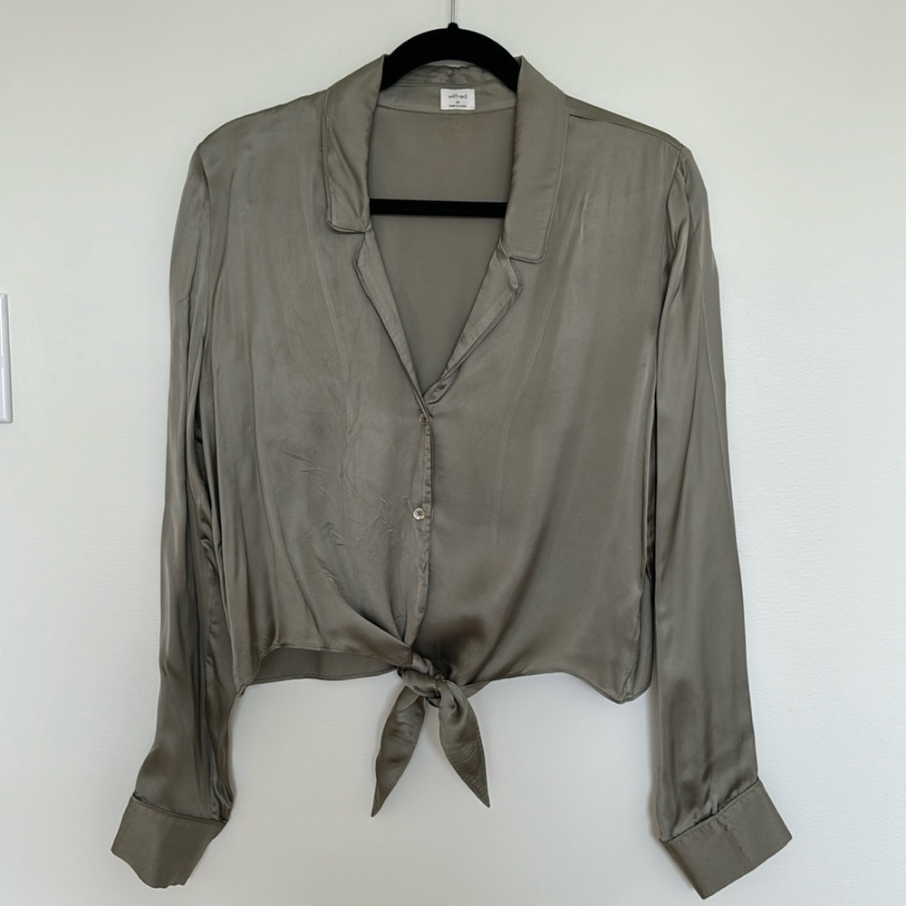 Aritzia Wilfred Olive Green Silk Crop Tie Top